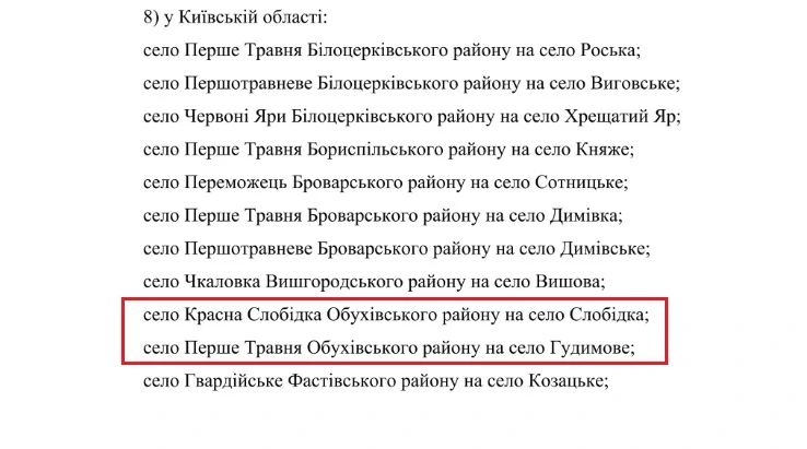 Верховная Рада переименовала два села в Обуховской громаде