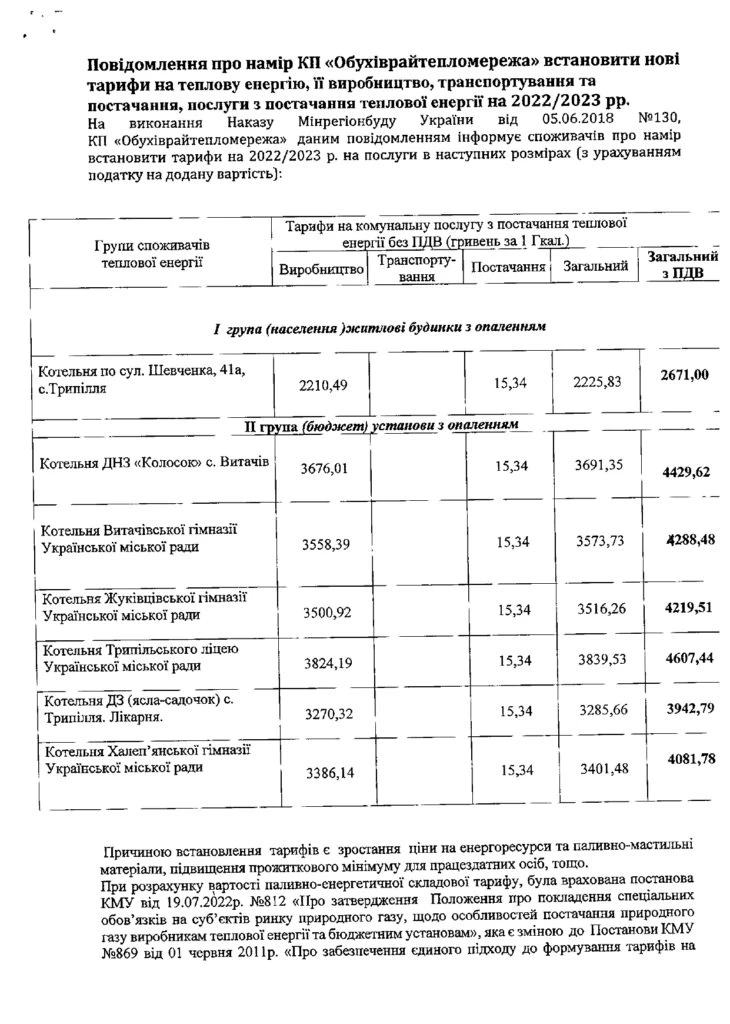 КП &ldquo;Обухіврайтепломережа&rdquo; збільшить тарифи на тепло