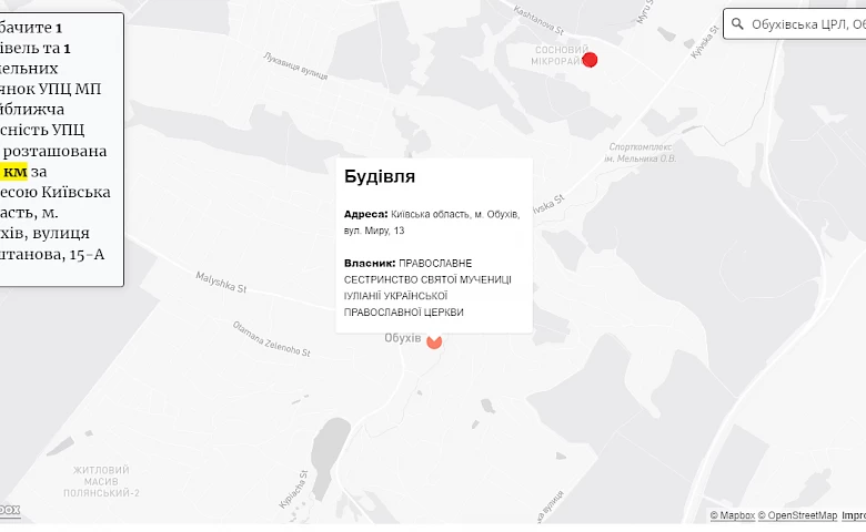 Хто володіє землею УПЦ МП в Обухові: відповідають карти і розслідування