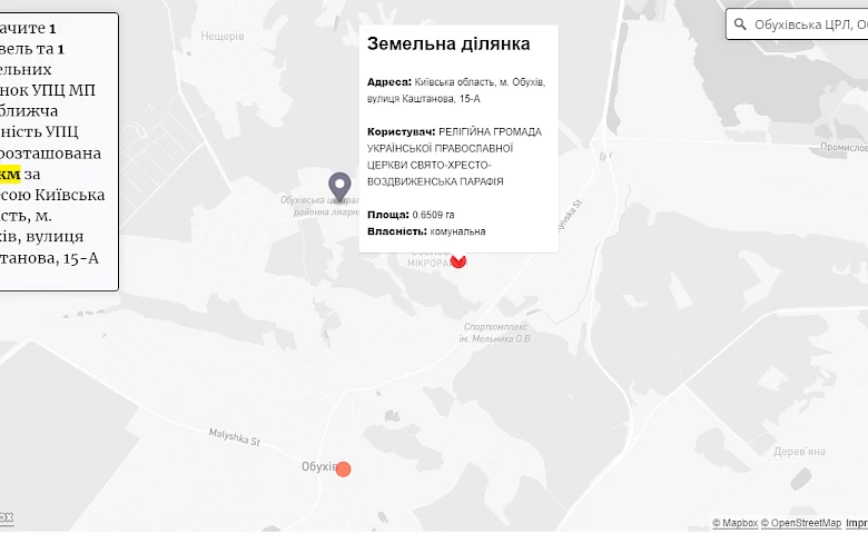 Хто володіє землею УПЦ МП в Обухові: відповідають карти і розслідування