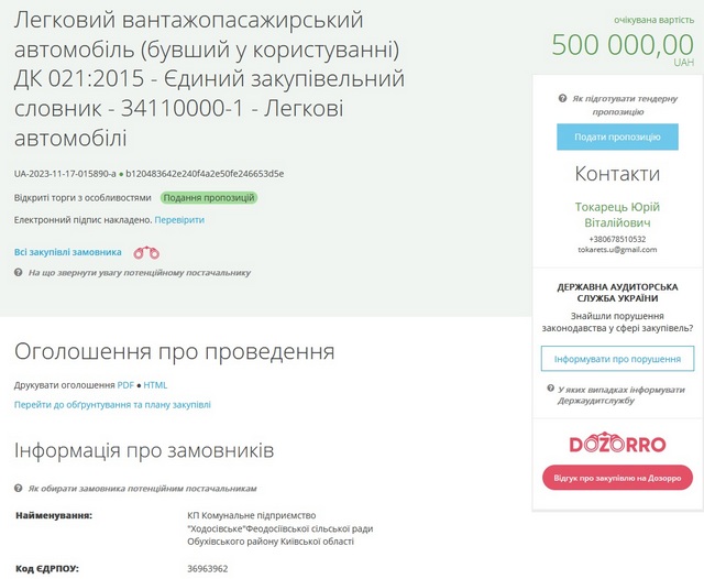 Коммунальное предприятие на Обуховщине планирует приобрести за 500 тыс. подержанное авто
