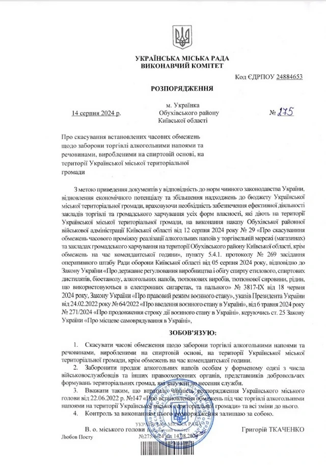 В громаде на Обуховщине отменили ограничения на продажу алкоголя